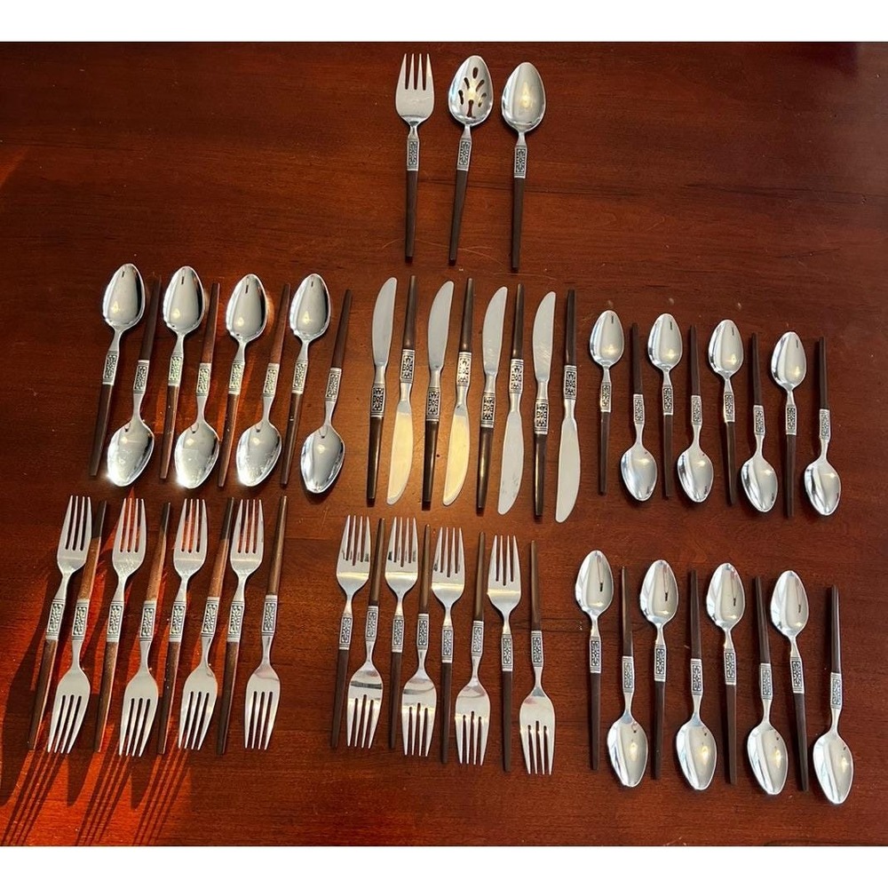 VTG MCM Interpur INR2 Danish Wood Handle  Service for 8‎ Flatware 51 Pcs Japan